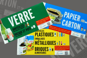Impression d'étiquettes vitrines tri des déchets ménagers : verre, cartons, plastique