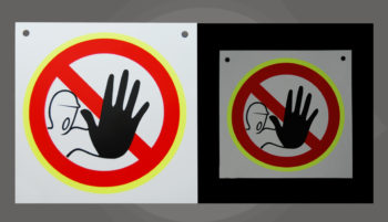 étiquette de sécurité fluo Sérigraphie d'un panneau sécurité d'interdiction 3 couleurs pour usine